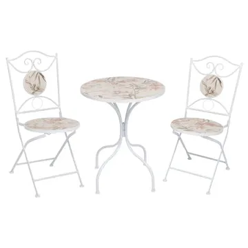 Set giardino Bistrot tavolo rotondo 60 cm e 2 sedie in metallo Bianco e Top in ceramica decorata con motivi floreali