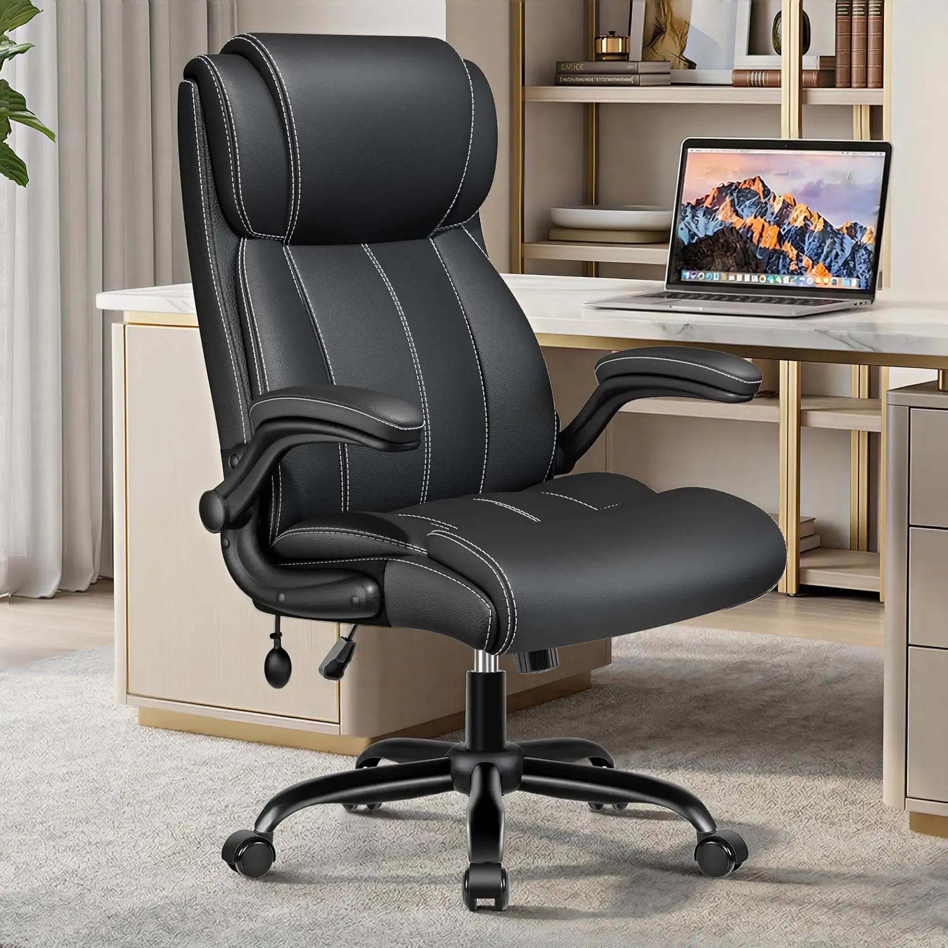 Ergonomic Office Chair – High Back Executive Leather Desk Chair with Inflatable Lumbar Support for Back Pain, Heavy-Duty Computer Desk Chair for Long Workdays, Black