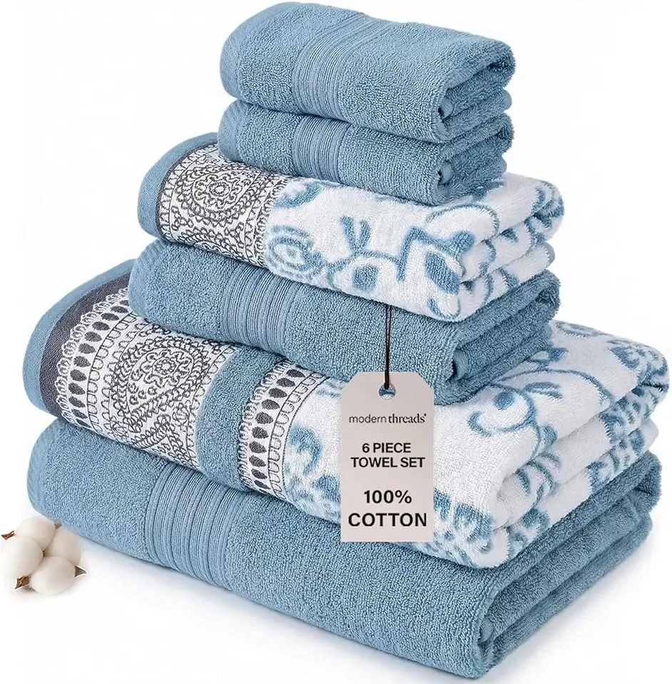 Modern Threads 6 Piece Set, 2 Bath Towels, 2 Hand Towels, 2 Washcloths Yarn Dyed Jacquard/Solid Towel Set Ophelia Blue