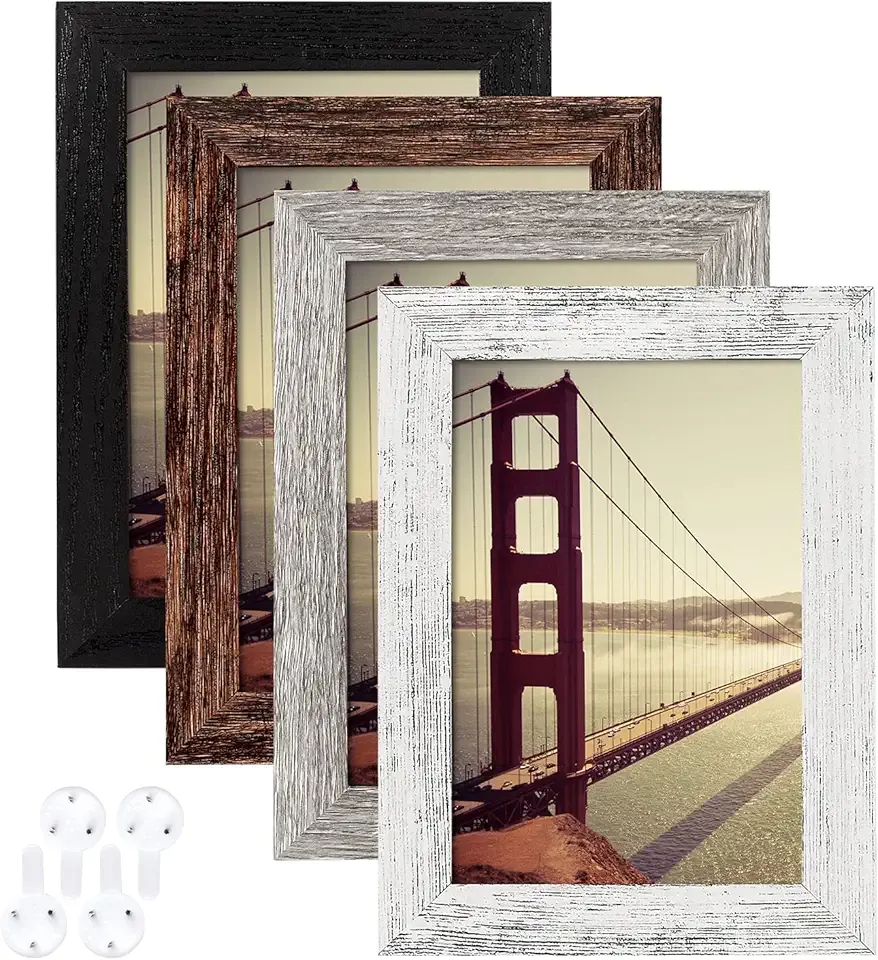 BAIJIALI 4x6 Picture Frame Distressed Farmhouse Wood Pattern Set of 4,Display 3.5x5 with Mat or 4x6 Without Mat,Multicolour