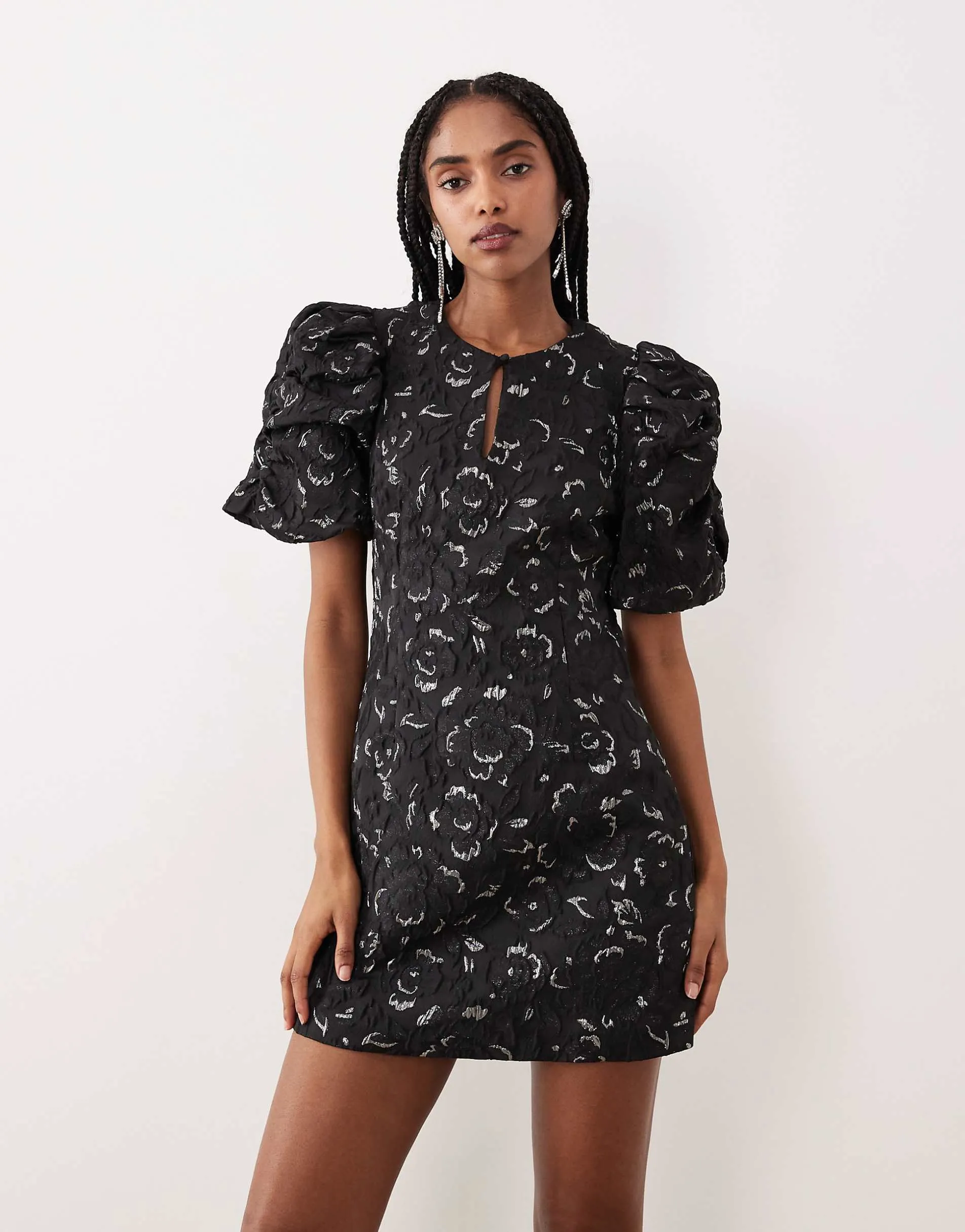 Gina Tricot volume balloon sleeve rose brocade mini dress with silver metallic inserts in black