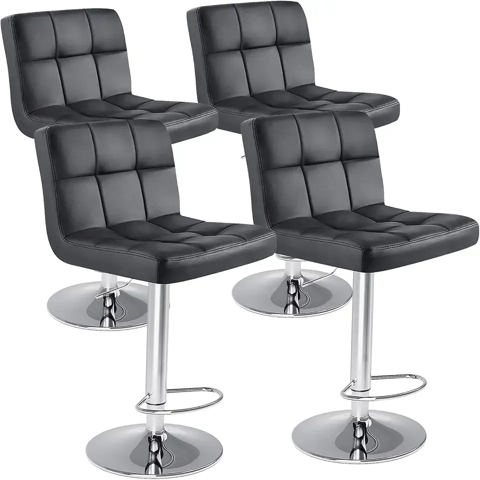 Sweetcrispy Bar Stools Set of 4, Armless PU Leather Adjustable Swivel Barstools, Hydraulic Kitchen Counter Height Thickened Seat Cushion Square Island Countertop Chairs with Back, Black