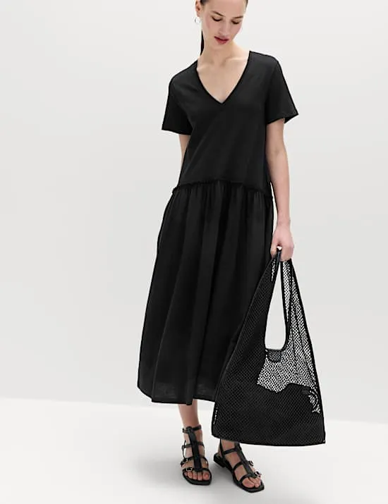 Jersey V-Neck Midi Drop Waist Dress