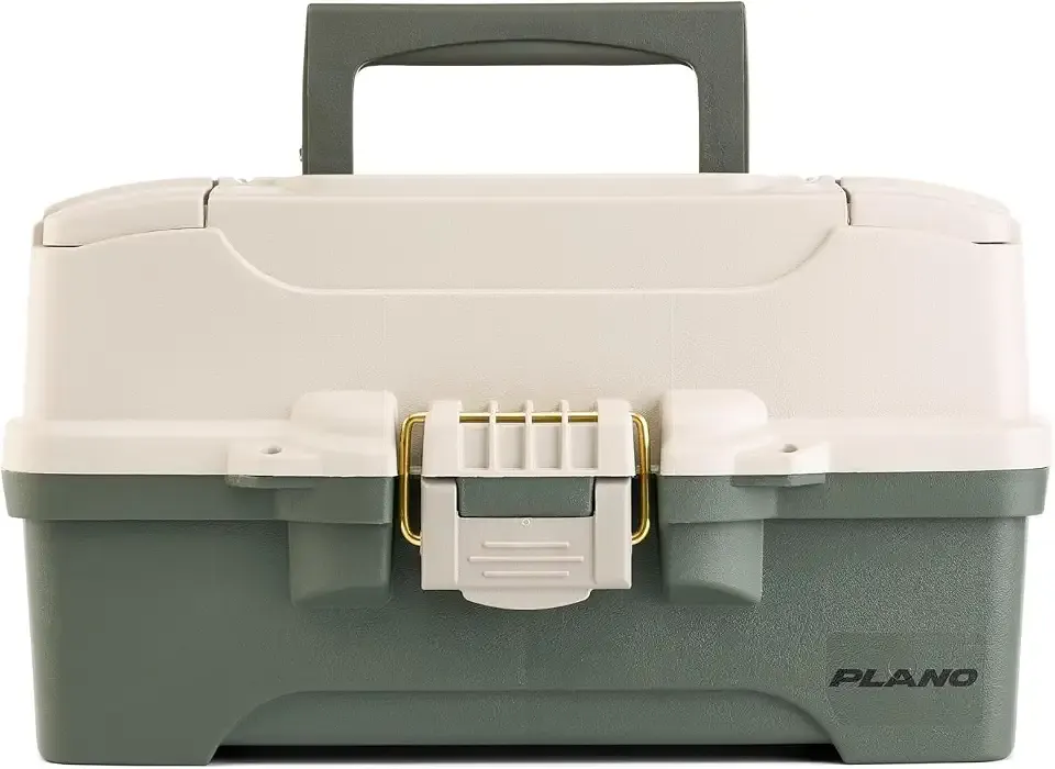 Plano Two-Tray Tackle Box, Green/Tan, Rust-Proof Brass Latch, Top-Access Tray with Deep Storage, Made in the USA, Portable Fishing Gear Storage Organizer
