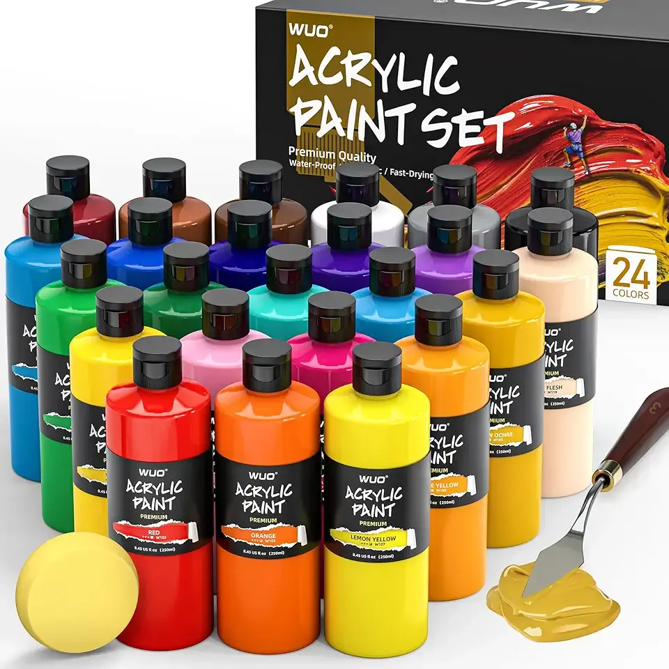 WUO 24 Colors Professional Acrylic Paint Set, 250ml/8.45oz, Large Bulk Rich Pigment Acrylic Paint, Non-Toxic Multi Surface Art Supplies for Artists Adults Beginners on Canvas Wood Fabric Rock Crafts