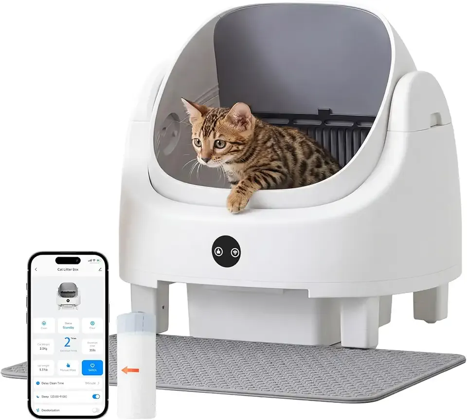 Automatic Litter Box App Control Self Cleaning Litter Box Odor Control＆Safety Protection for Multiple Cats with Garbage Bag, Cat Litter Mat and Fragrance Box