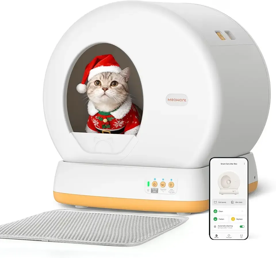 MeoWant Self-Cleaning Cat Litter Box, Advanced Safety System Automatic Cat Litter Box Perfect for Multi Cats, Extra Large/Odor Control/APP Control Smart Cat Litter Box with Mat & Liner, Yellow