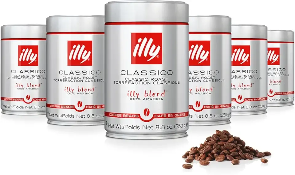 Illy Whole Bean Coffee, Classico Medium Roast - Mild & Balanced - 100% Arabica - Whole Beans - Pressurized Packaging Sealed for Freshness - 8.8oz can (Pack of 6)