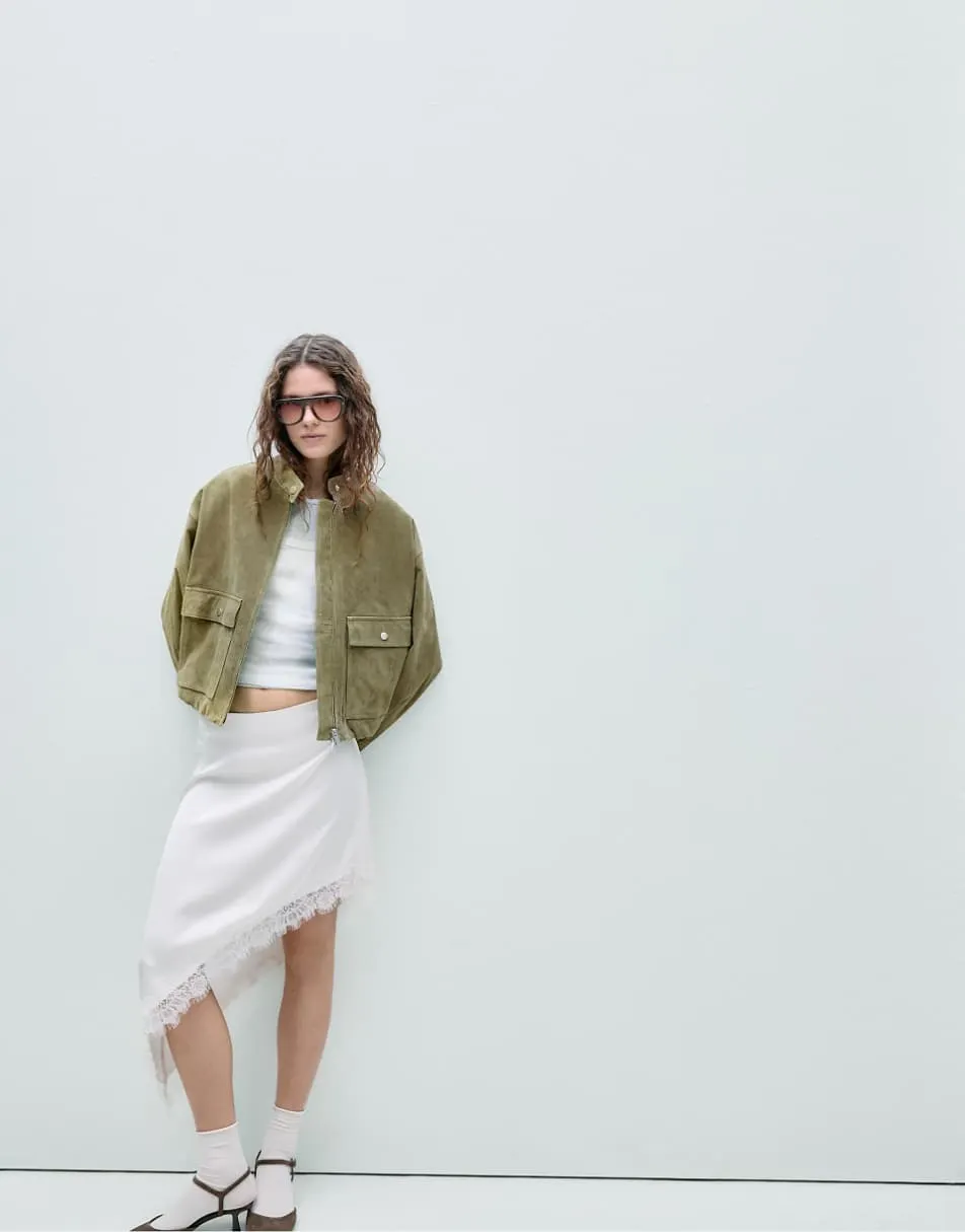 Stradivarius Leather jacket with pockets in khaki