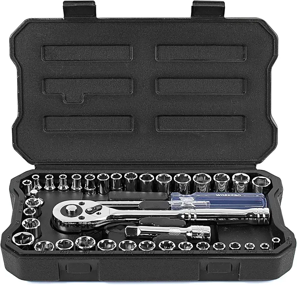 WORKPRO 39-Piece Drive Socket Set 1/4''3/8'', CR-V Metric and Imperial Sockets with Quick-Release Ratchet Wrench, Compact Sockets Set for Car Repair