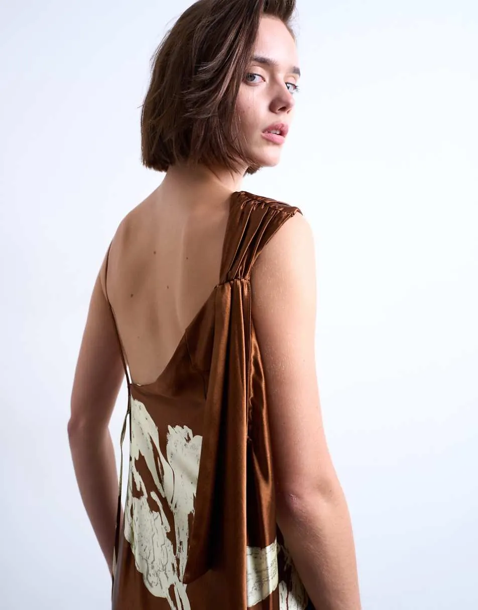 Topshop ruched side midi dress with drape back detail in brown and lime floral