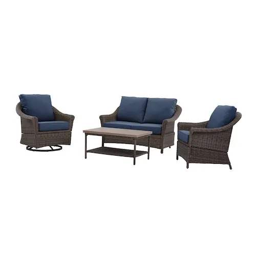 Hampton Bay Chasewood 4-piece Steel Woven Conversation Set with Poseidon Blue Cushions, in Brown