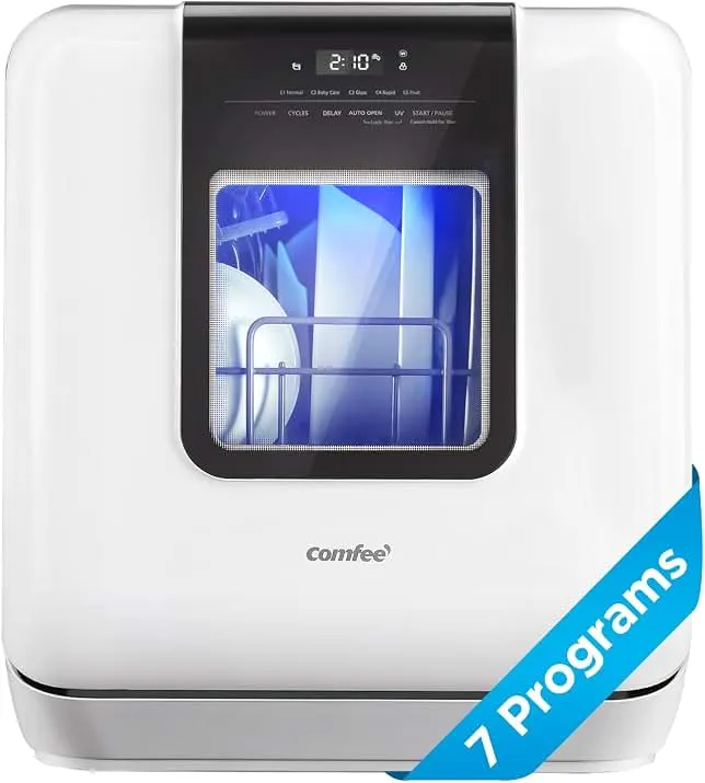 COMFEE' Countertop Dishwasher, Portable Dishwasher with 6L Built-in Water Tank, Mini Dishwasher with More Space Inside, 7 Programs, UV Hygiene& Auto Door Open, for Apartments, Dorms& RVs, White | Portable, UV Hygiene & Auto Open Door,…