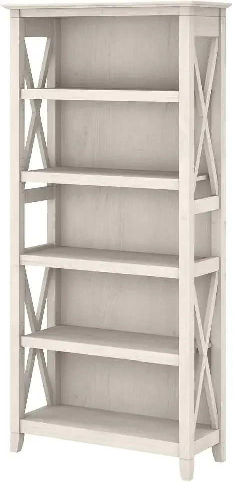 Bush Furniture Tall 5 Shelf Bookcase for Living Room or Home Office, Large Bookshelf, Modern Farmhouse Style, Key West Collection, Linen White Oak