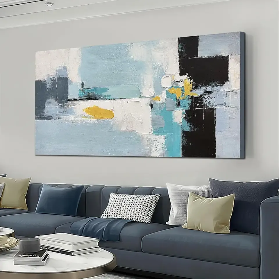 Large Abstract Wall Art Black and White Textured Blue Oil Painting 29"x58" | Modern Artwork,Hand Painted,For Living Room Bedroom Kitchen Home Office Decor, Ready to Hang