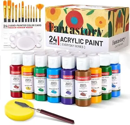 Fantastory 60ml 24 Colors Acrylic Paint Set with 12 Brushes | Waterproof, Great for Artwork & DIY Projects on Canvas, Wood, Glass, Clay, Fabric, Ceramic, Paper Fantastory 60ml 24 Colors Acrylic Paint…
