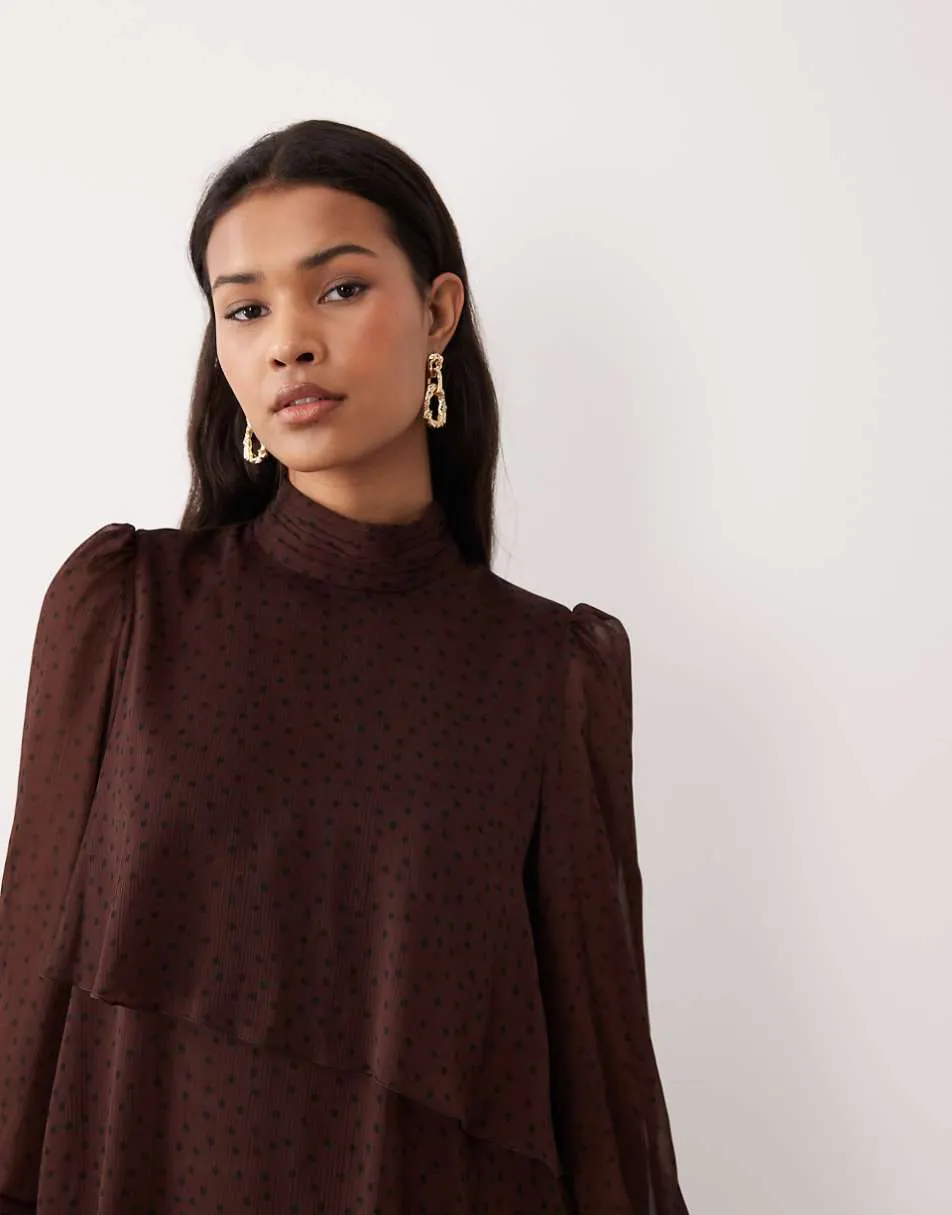 Mango high neck frill detail mini dress in brown polka dot