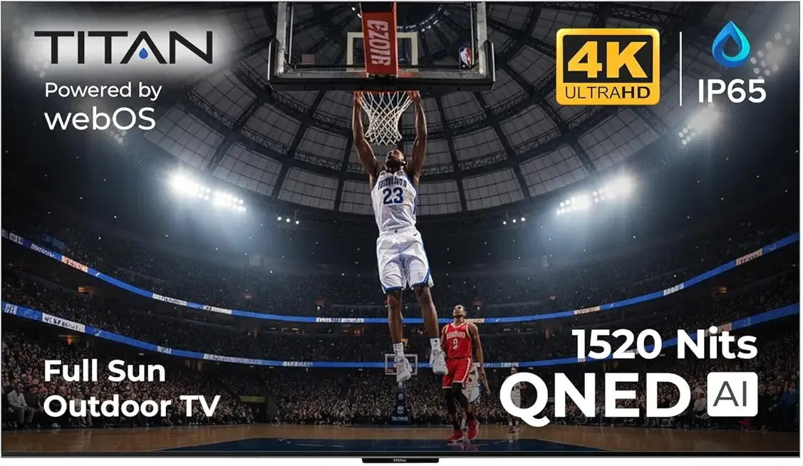 Titan L300 Mini -LED QNED 98" Full Sun Smart Outdoor TV, IP65 Weatherproof, 1520 Nits, WebOS 4K, Bonus: Premium Tv Cover + LED Strip, Dlby Vision-Atmos, Assembled in USA 2 Yr Wty