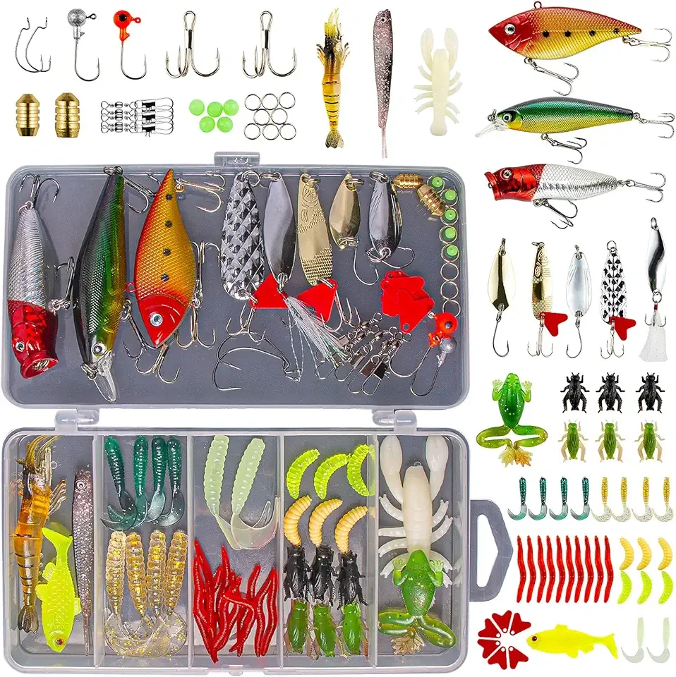 Fishing Lures Kit for Freshwater Bait Tackle Kit for Bass Trout Salmon Fishing Accessories Tackle Box Including Spoon Lures Soft Plastic Worms Gifts for Men