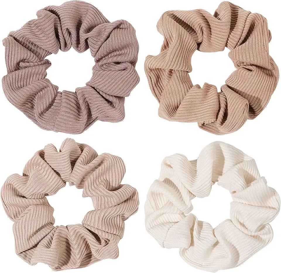 Ivyu Scrunchie, Big Cotton Scrunchies for Women's and Girls, Brown Service, 4 Count, for All Hair Types, No Crease or Damage