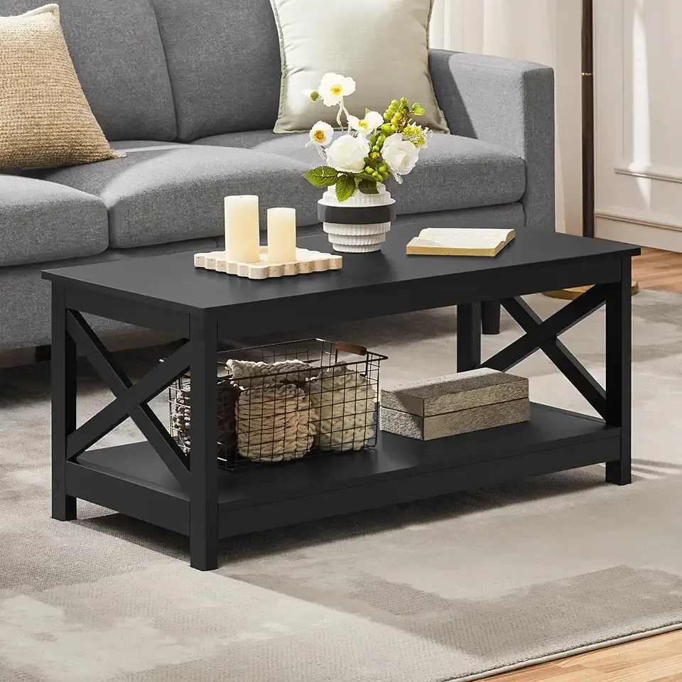 Yaheetech Wood 2-Tier Black Coffee Table with Storage Shelf for Living Room, X Design Accent Cocktail Table, Easy Assembly Home Furniture, 39.5 x 20 x 18 Inches