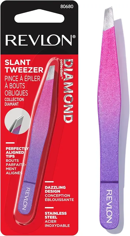Revlon Diamond Collection Slanted Tip Tweezers, Ultra-Sharp for Precision Eyebrow Shaping and Facial Hair Removal, Made with Stainless Steel, Pink & Purple, 1 Count