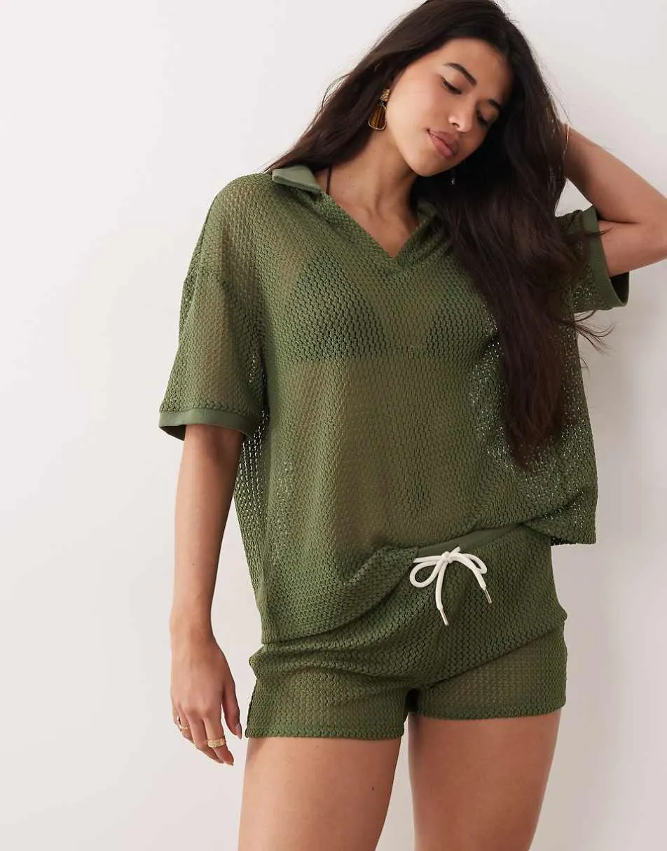 Kaiia exclusive crochet collar detail oversized polo top and shorts co-ord in khaki