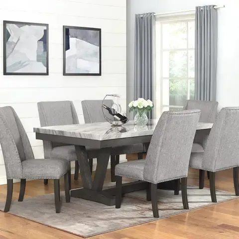 Juego Comedor 6 Sillas Gris de Madera y Lino 183x78 Mármol Sintético – Rodeus