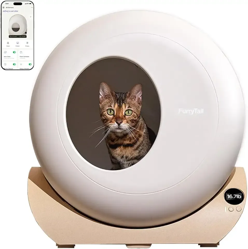 FurryTail Self Cleaning Litter Box with APP - Automatic Cat Litter Box for All Your Cats, Odor Control, Spacious Interior and Large Wastes Bin Capacity,Includes 40 Litter Bags