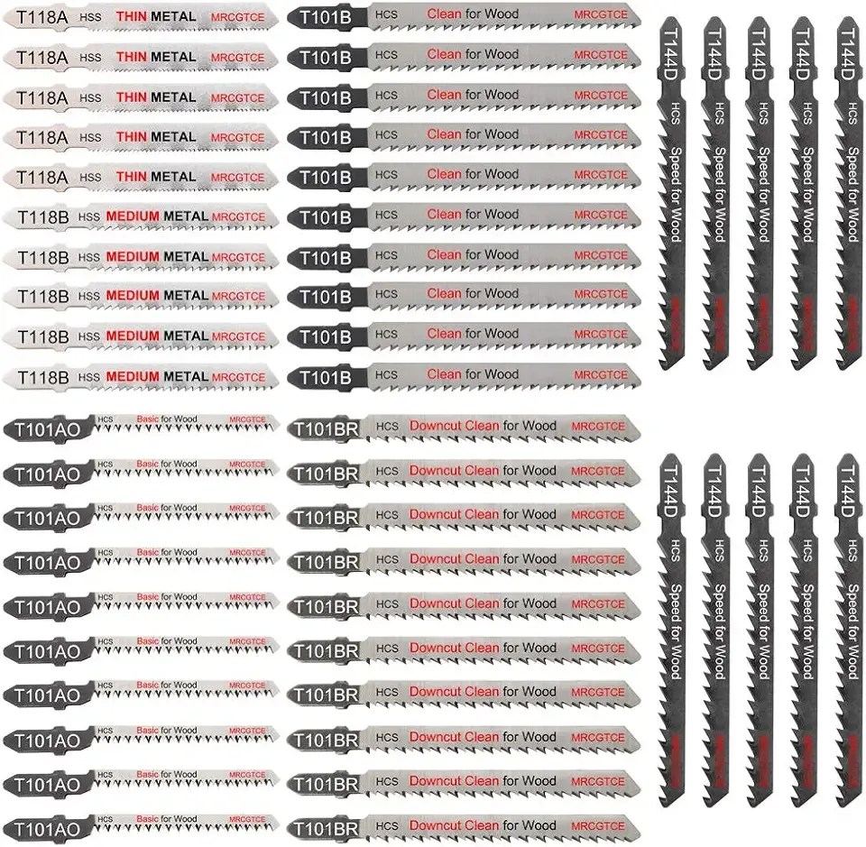 50 Piece Contractor Jigsaw Blades Set with Storage Case, Assorted T-Shank Jig Saw Blades for Wood, Plastic and Metal Cutting(T118A,T118B,T101AO,T101B,T101BR,T144D)