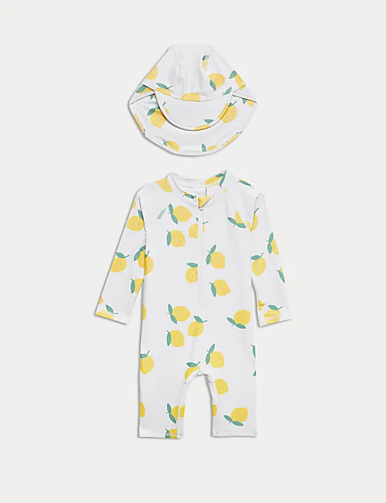 2-teiliges Set Badeanzug und Mütze mit Zitronen-Musterprint, vor der Sonne schützend (0–3 J.)
