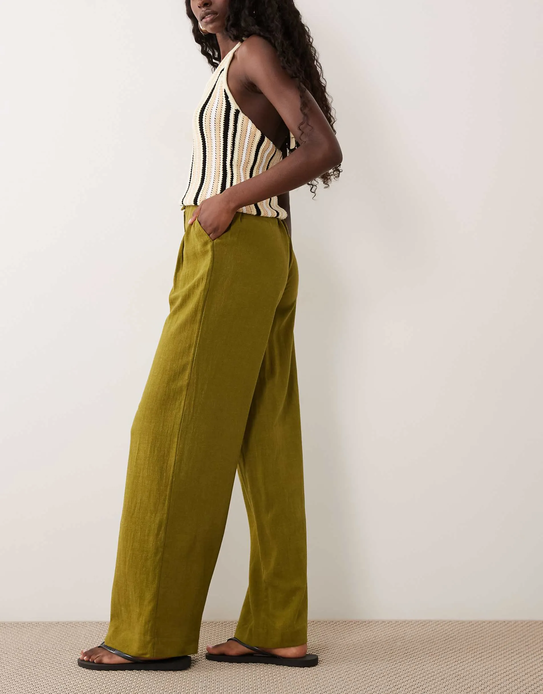 ASOS DESIGN relaxed straight leg trousers with linen in green