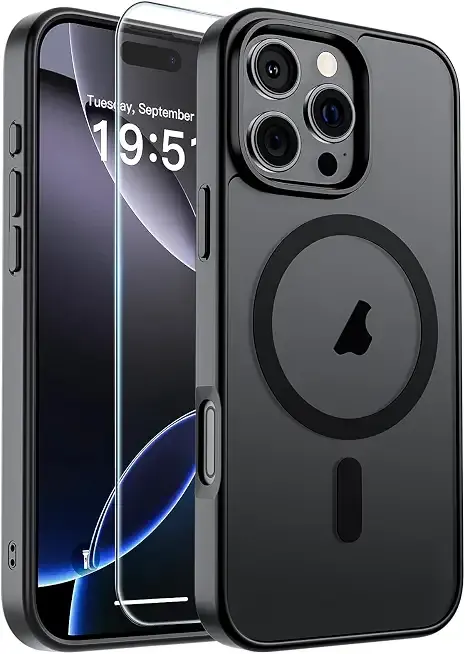SUPFINE Magnetic for iPhone 16 Pro Case Black | With Screen Protector, Translucent Matte, Compatible with MagSafe, Military Grade Drop Proof, Rugged Shockproof Protective