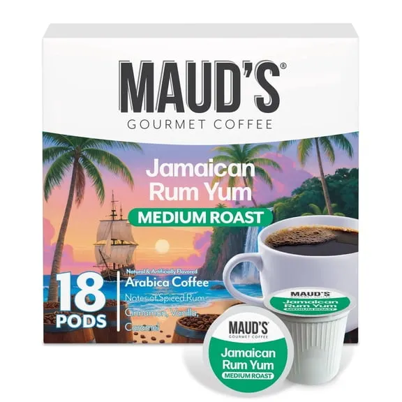 Maud's Jamaican Rum Yum Flavored Coffee Pods, 18 ct, Medium Roast Flavored Coffee in Single Serve Pods 100% Arabica Beans, Compatible with Keurig K Cups Maker $14.45