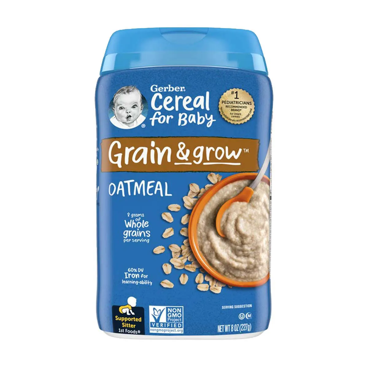 Gerber Grain & Grow Oatmeal Cereal for Baby, Supported Sitter 1st Foods, 8 oz Canister