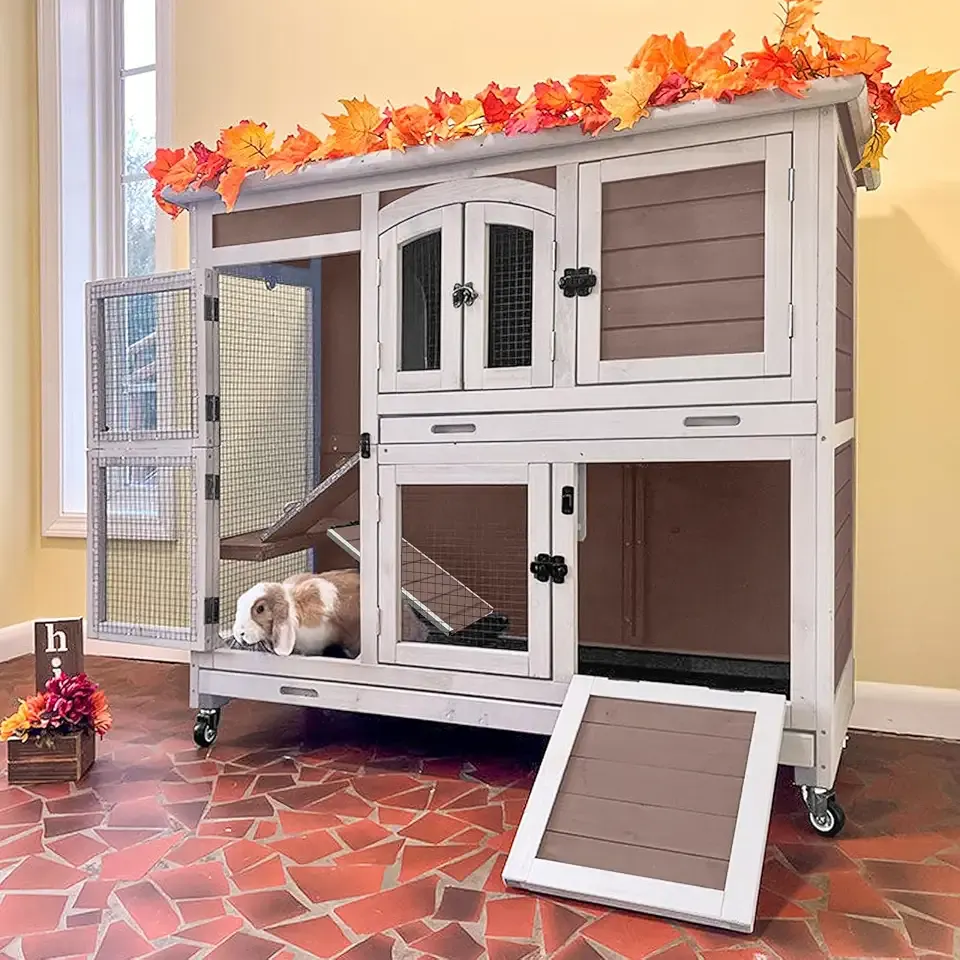 Rabbit Hutch Indoor Bunny House Guinea Pig Cage with Sliding Plastic Trays, Wheels & Ramp, 47.2" Multi-Door Wooden Small Animal Cage for Rabbits, Bunnies, and Guinea Pigs (Brown)