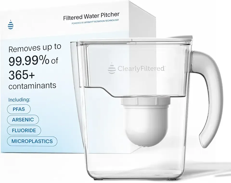 Clearly Filtered No.1 Filtered Water Pitcher/Updated Model/Targets 365+ Contaminants e.g. Fluoride Chlorine PFAS Microplastics Lead Arsenic BPA/BPS Free (Pitcher Includes 1 Filter)