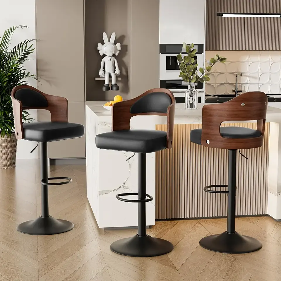 Swivel Bar Stools Set of 3, Wooden Upholstered PU Leather Barstools with Back & Footrest,Seat Adjustable Height 24.5-33.5IN,Counter Height Bar Chairs for Kitchen Island,Black