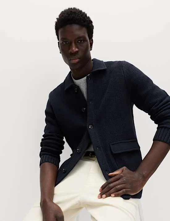 Pure Cotton Collared Knitted Jacket