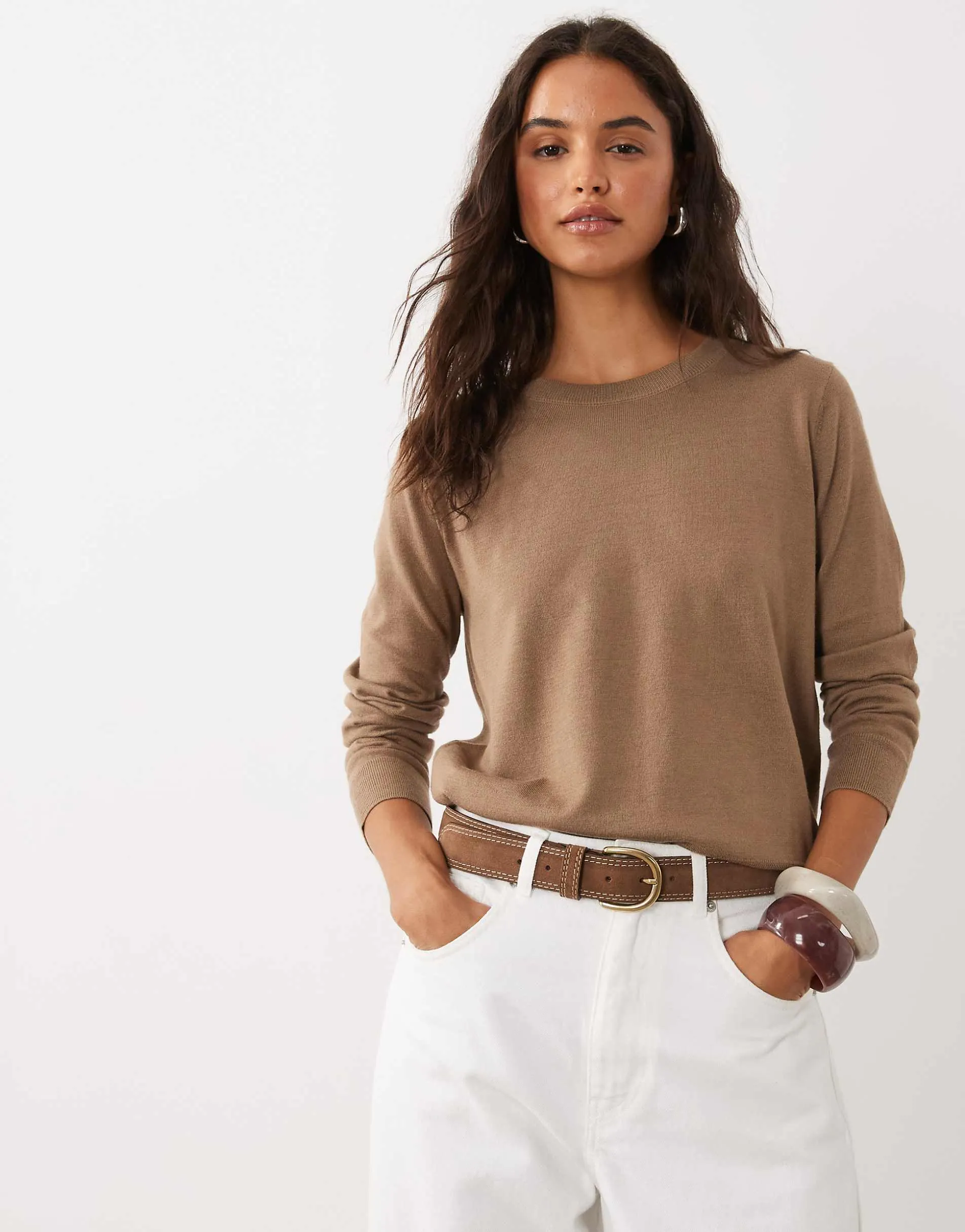 Mango round neck lightweight jumper in light brown