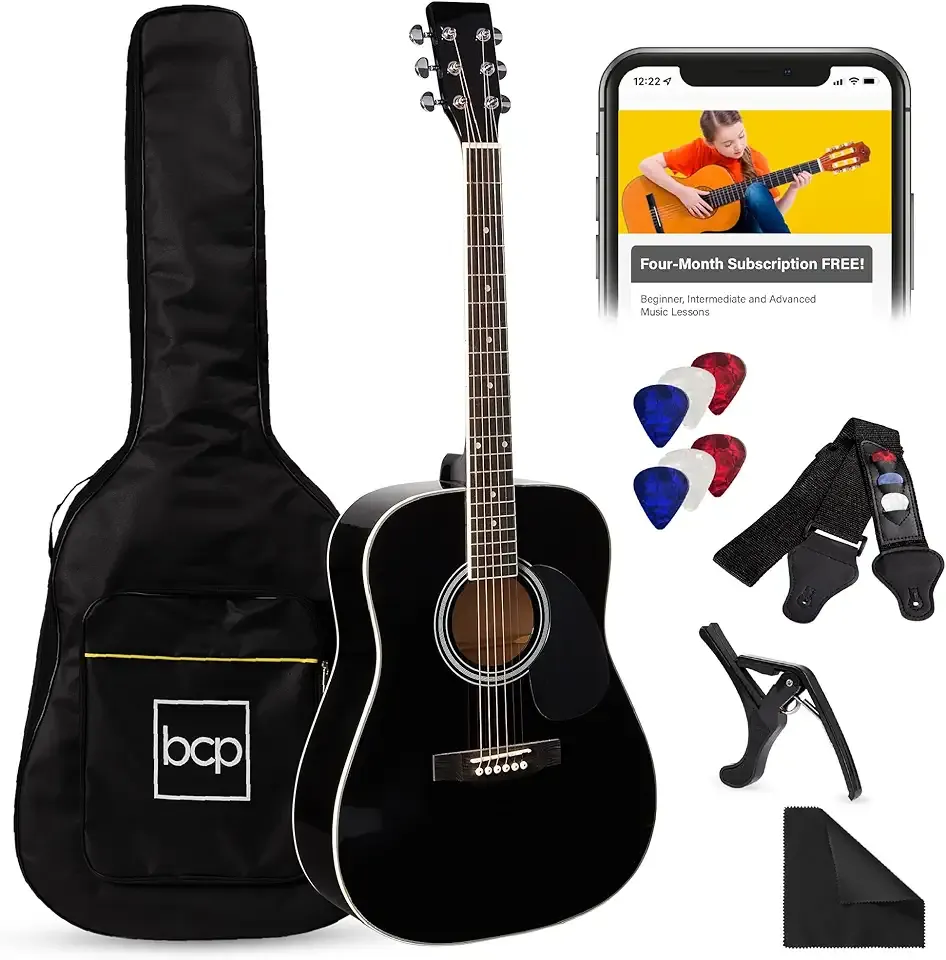 Best Choice Products 41in Full Size Beginner All Wood Acoustic Guitar Starter Set w/Gig Bag, Strap, Capo, Strings, Picks - Black