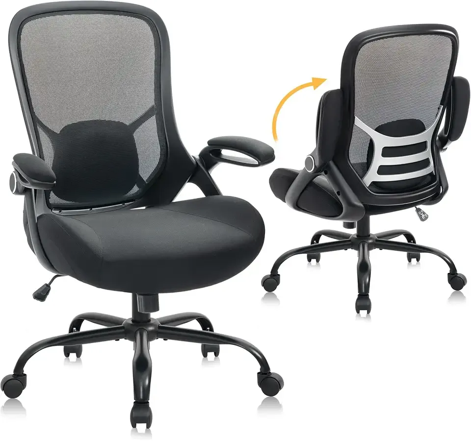 HYLONE 400lb Office Chair Big and Tall,Desk Chair with Lumbar Support,Black | Ergonomic Computer Chair, 5" Thickened Seat,Mesh Back,Flip-Up Armrests,Height-adjustable,Home and Office,24-month warranty
