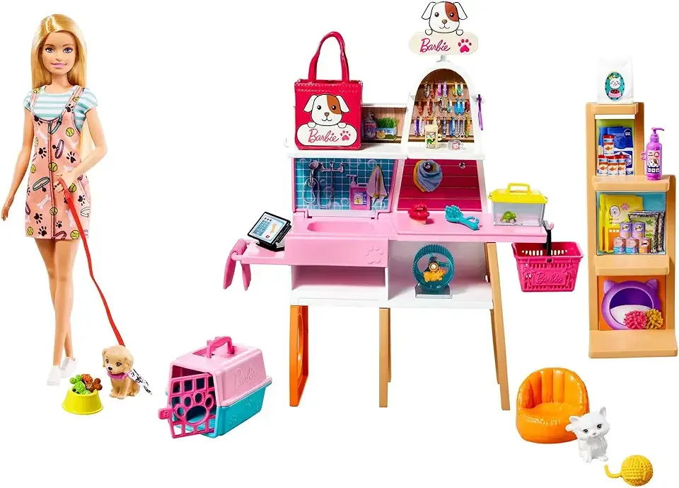 Doll (11.5-in Blonde) and Pet Boutique Playset with 4 Pets, Color-Change Grooming Feature and Accessories, Great Gift for 3 to 7 Year Olds