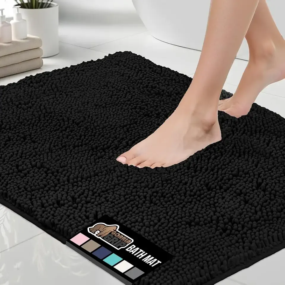 GORILLA GRIP Bath Rug Mat 30x20, Thick Soft Absorbent Chenille, Quick Dry Microfiber Mats, Rubber Backing Washable Shower Floor Rugs, US Designed Bathroom Bathmat Home Decor Accessories, Black