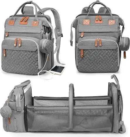 Baby Diaper Bag with Changing Station, Waterproof Diaper Bag Backpack for Moms Dads with USB Charging Port, Baby Shower Gifts, Baby essentials,Grey
