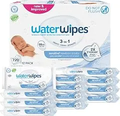 WaterWipes Sensitive+ Newborn & Baby Wipes, 3-In-1 Cleans, Cares, Protects, 99.9% Water, Unscented & Hypoallergenic, 720 Count (12 Packs) WaterWipes Sensitive+ Newborn & Baby Wip…