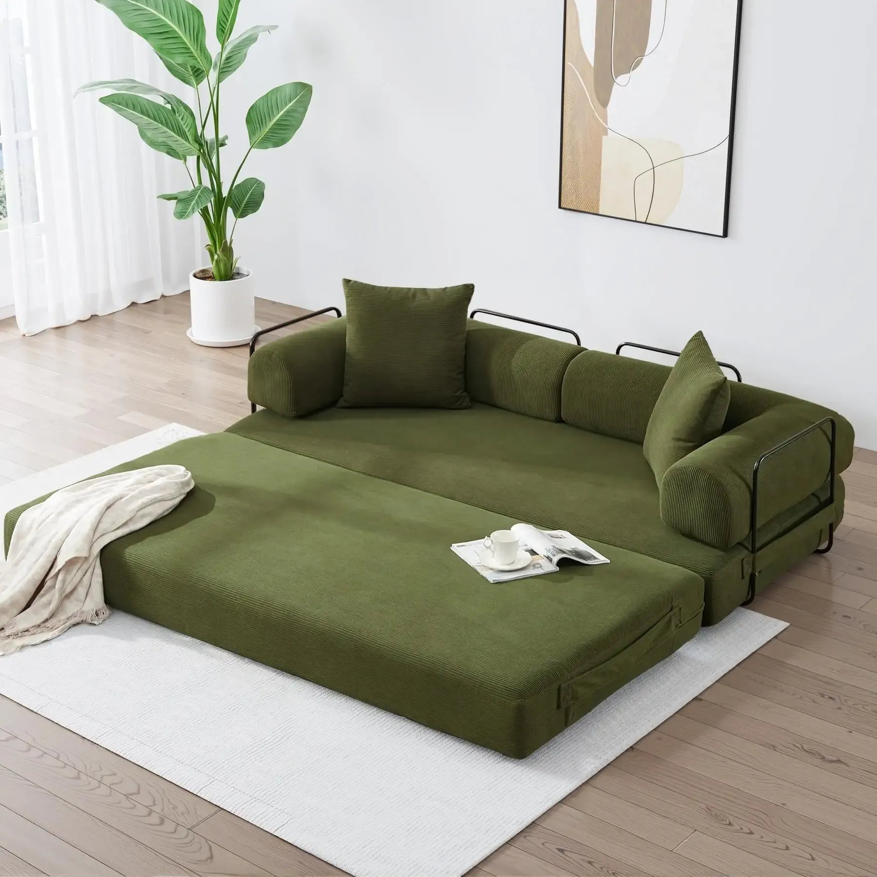 Convertible Sleeper Sofa Bed with Cylindrical Pillow, Corduroy Folding Mattress Couch with Fixed-Shape Frame, Floor Sofa Lounge Couch for Living Room Bedroom Lounge Studio-Green