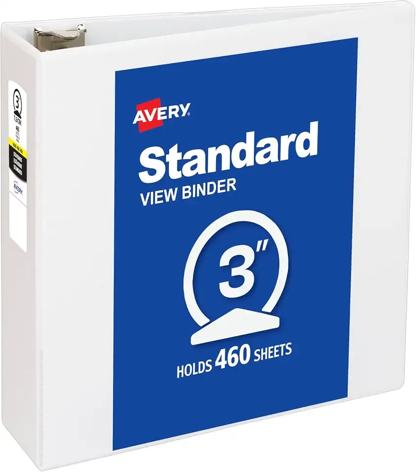 Avery Standard View 3 Ring Binder, 3" Round Rings, 460-Sheet Capacity, 3.5 Inch Wide Spine, 1 White Binder, Ideal for Lightweight Organization and Occasional Referencing (05741)