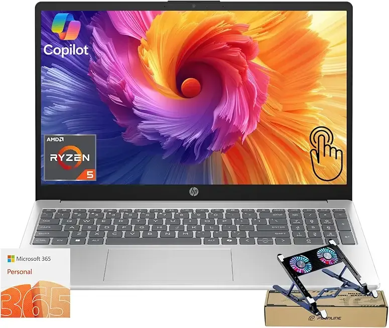 HP 15.6" Touchscreen Business & Home Laptop, AMD Ryzen 5 7520U, 8GB RAM, 128GB SSD, Webcam, HDMI, Lifetime Office 365 for the Web, Win11 Home, Silver, Bundle with PCO Notebook Fold Radiator, Cooler