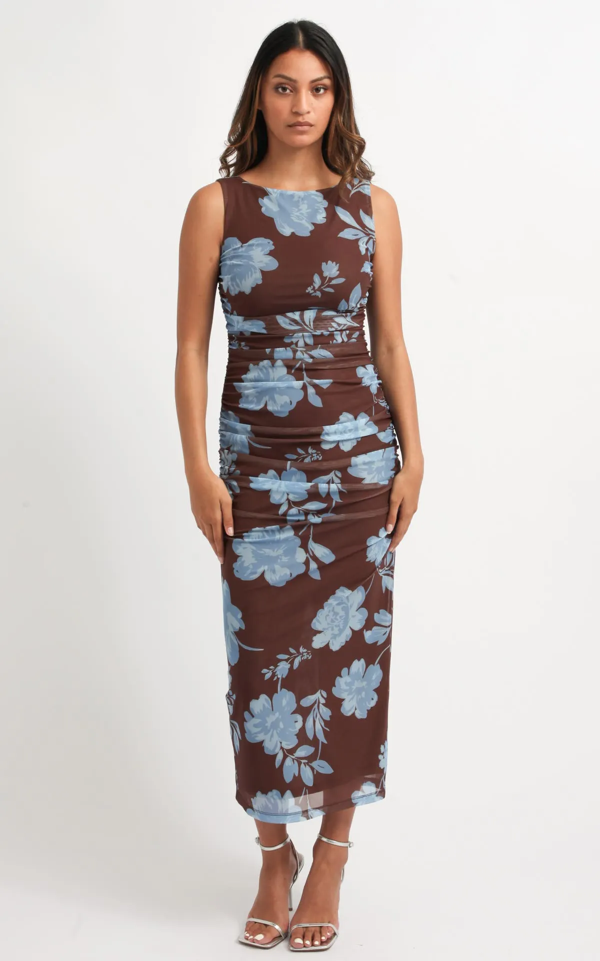 Printed Mesh Keyhole Detail Midi Dress